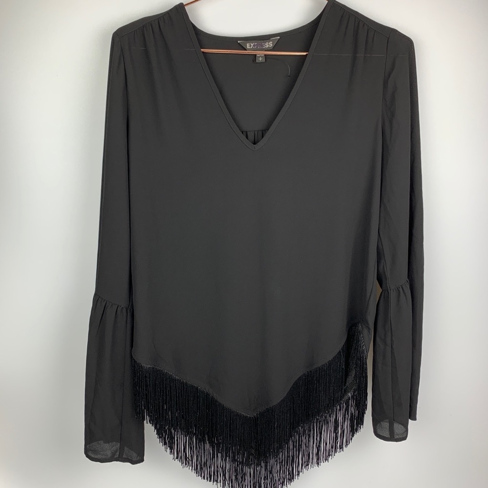Express Fringe Hem Bell Sleeve Top‎ Black